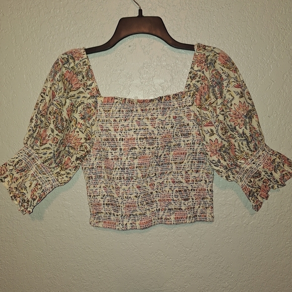 Talisman Square Neck Lotus Floral Print Smocked Firelight Cropped Top S - Picture 3 of 8